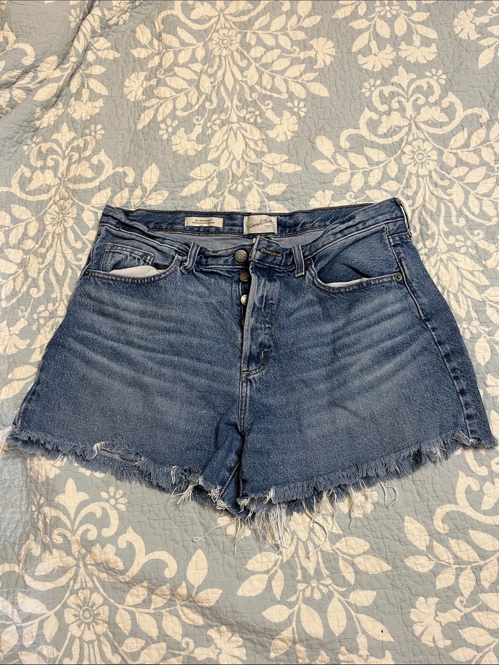 Mid-Rise Raw Hem Denim Shorts - Blue